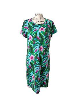 Tommy Bahama Womens Size L Tropical Dress Floral Short Sleeve Green Pink Cotton